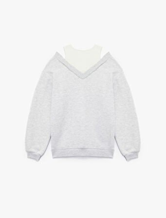 Rahat Kesim Çift Yaka Şardonlu Uzun Kollu Sweatshirt