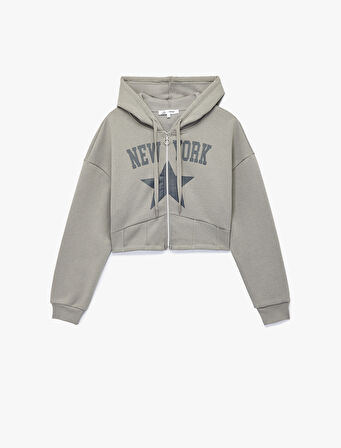 Uzun Kollu Kapüşonlu Şardonlu Yıldız Baskılı Fermuarlı Crop Sweatshirt