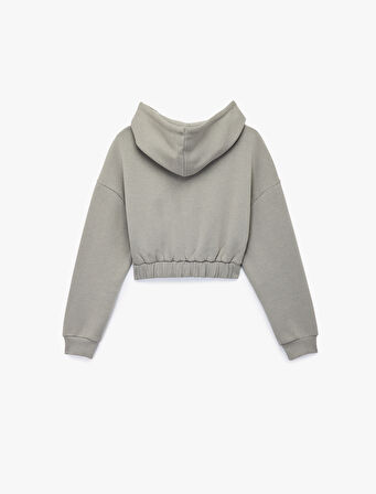 Uzun Kollu Kapüşonlu Şardonlu Yıldız Baskılı Fermuarlı Crop Sweatshirt
