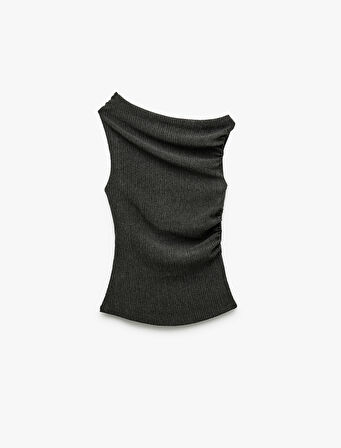 Drapeli Asimetrik Yaka Bürümcük Kolsuz Bluz