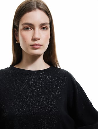 Üç İplik Şardonlu Bisiklet Yaka Uzun Kollu Parıltılı Sweatshirt