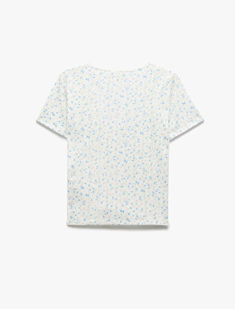 Pamuklu Slim Fit Ribanalı U Yaka Kısa Kollu Çiçekli Tişört