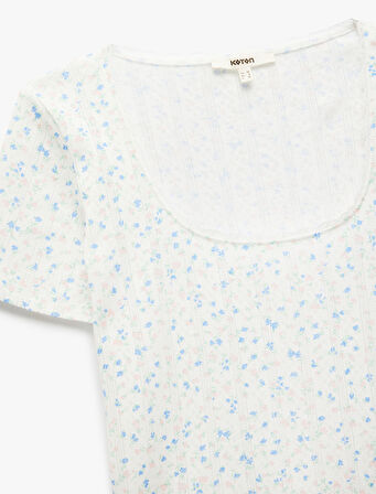 Pamuklu Slim Fit Ribanalı U Yaka Kısa Kollu Çiçekli Tişört