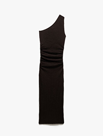 Bürümcük Kumaş Slim Fit Drapeli Midi Tek Omuz Kalem Elbise