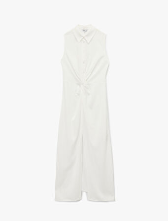 Drape Detaylı Kolsuz Uzun Gömlek Elbise