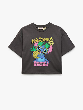 Pamuklu Bisiklet Yaka Kısa Kollu Lisanslı Simli Stitch Baskılı Tişört