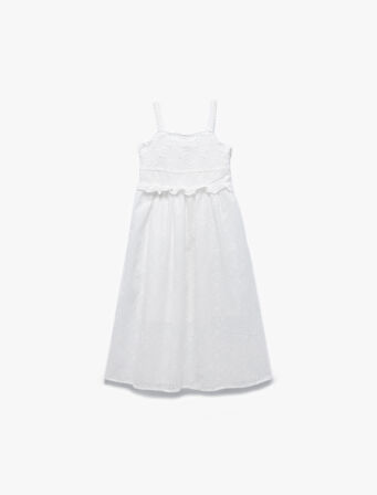 Pamuklu Kare Yaka Dantel Detaylı Brode Askılı Elbise