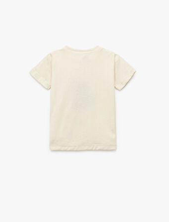 Pamuklu Kısa Kollu Bisiklet Yaka Kedi İşlemeli Tişört