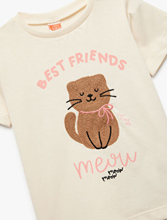 Pamuklu Kısa Kollu Bisiklet Yaka Kedi İşlemeli Tişört
