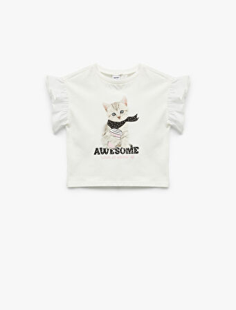 Kedi Baskılı Fırfırlı Kısa Kollu Bisiklet Yaka Pamuklu Tişört