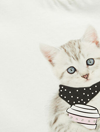 Kedi Baskılı Fırfırlı Kısa Kollu Bisiklet Yaka Pamuklu Tişört