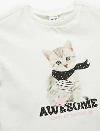 Kedi Baskılı Fırfırlı Kısa Kollu Bisiklet Yaka Pamuklu Tişört