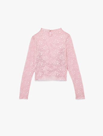 Uzun Kollu Bisiklet Yaka Büzgülü Dantel Tişört