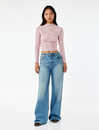 Uzun Kollu Bisiklet Yaka Büzgülü Dantel Tişört