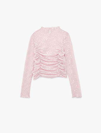 Uzun Kollu Bisiklet Yaka Büzgülü Dantel Tişört