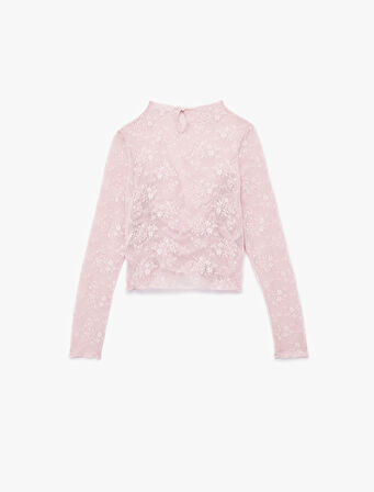 Uzun Kollu Bisiklet Yaka Büzgülü Dantel Tişört