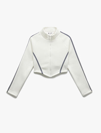 Şerit Detaylı Dik Yaka Üç İplik Şardonlu Fermuarlı Crop Sweatshirt