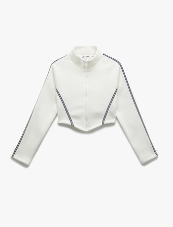 Şerit Detaylı Dik Yaka Üç İplik Şardonlu Fermuarlı Crop Sweatshirt