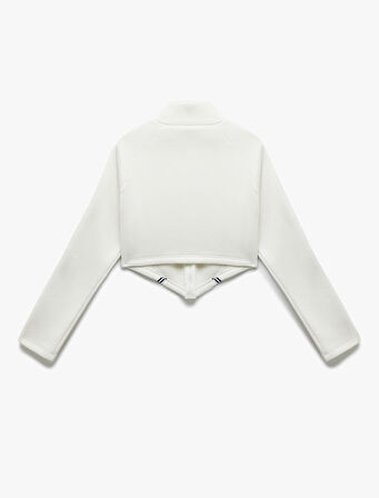 Şerit Detaylı Dik Yaka Üç İplik Şardonlu Fermuarlı Crop Sweatshirt
