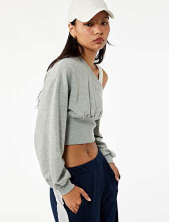 Asimetrik Yaka Omzu Açık Korse Detaylı Uzun Kollu Crop Sweatshirt