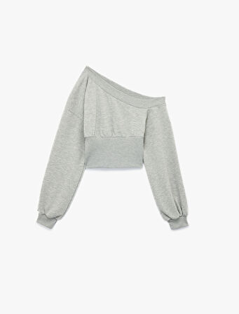 Asimetrik Yaka Omzu Açık Korse Detaylı Uzun Kollu Crop Sweatshirt