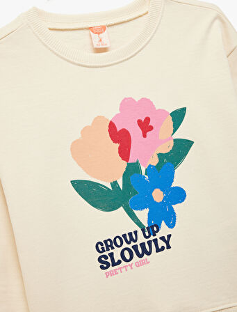 Pamuklu Uzun Kollu Bisiklet Yaka Çiçek Baskılı Sweatshirt