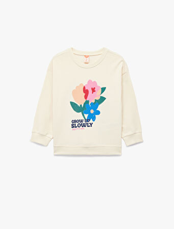 Pamuklu Uzun Kollu Bisiklet Yaka Çiçek Baskılı Sweatshirt