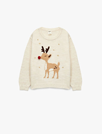 Uzun Kollu Bisiklet Yaka Geyik Nakışlı Triko Kazak