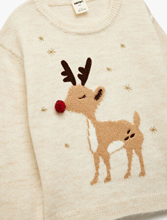 Uzun Kollu Bisiklet Yaka Geyik Nakışlı Triko Kazak