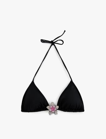 Taşlı Çiçek Aksesuar Detaylı Üçgen Bikini Üstü