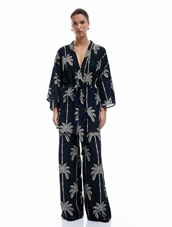 Bağlama Detaylı 3/4 Kol Palmiye Baskılı Viskon Kimono