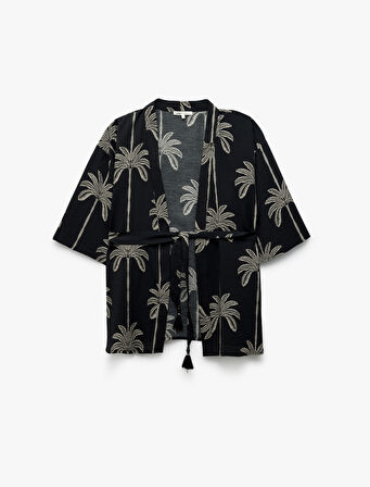 Bağlama Detaylı 3/4 Kol Palmiye Baskılı Viskon Kimono