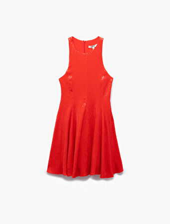 Slim Fit Astarlı Kolsuz Pullu Payetli Halter Yaka Mini Elbise