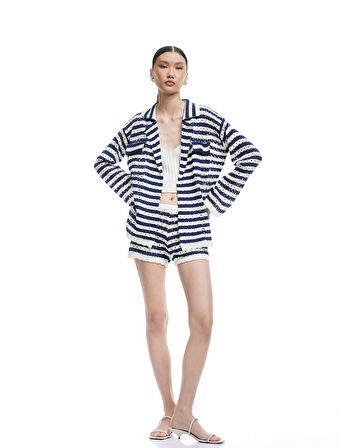 Cep Detaylı Uzun Kollu Ajurlu Çizgili Oversize Kroşe Ceket