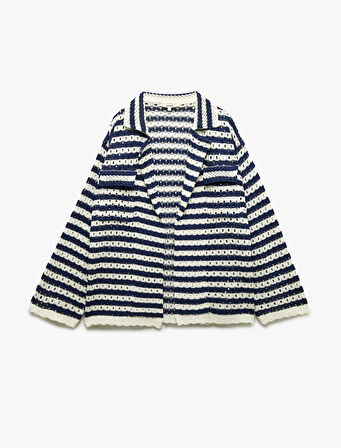 Cep Detaylı Uzun Kollu Ajurlu Çizgili Oversize Kroşe Ceket