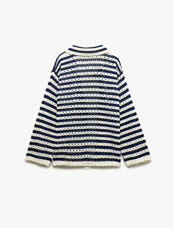 Cep Detaylı Uzun Kollu Ajurlu Çizgili Oversize Kroşe Ceket