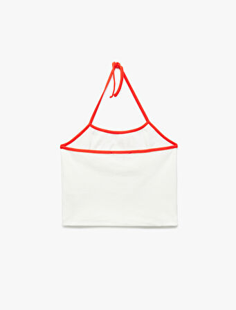 Pamuklu Kolsuz Baskılı Bağcıklı Crop Dar Kesim Halter Yaka Bluz