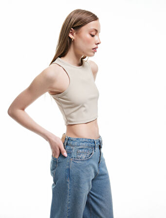 Bisiklet Yaka Kolsuz Dar Kesim Crop Basic Atlet