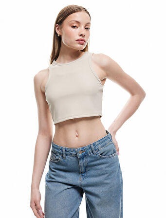 Bisiklet Yaka Kolsuz Dar Kesim Crop Basic Atlet