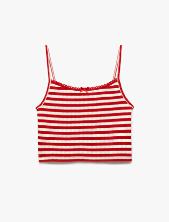 İp Askılı Kalp İşlemeli Fiyonklu Çizgili Crop Bluz