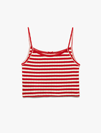 İp Askılı Kalp İşlemeli Fiyonklu Çizgili Crop Bluz