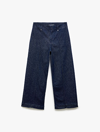 Yüksek Bel Geniş Paça Nervürlü Düğmeli Jean Pantolon - Culotte Jeans