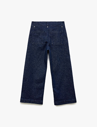 Yüksek Bel Geniş Paça Nervürlü Düğmeli Jean Pantolon - Culotte Jeans