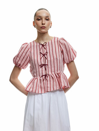 Bisiklet Yaka Fiyonklu Modal Karışımlı Çizgili Kısa Balon Kol Bluz