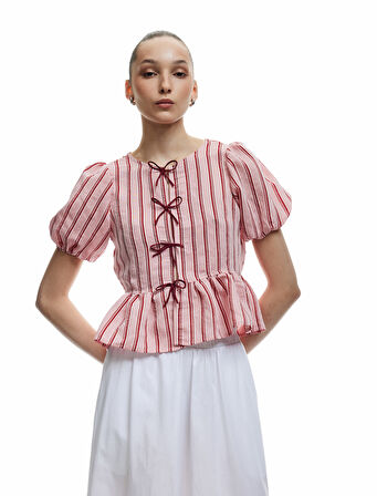 Bisiklet Yaka Fiyonklu Modal Karışımlı Çizgili Kısa Balon Kol Bluz