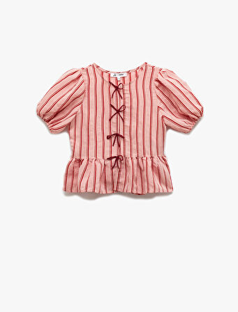 Bisiklet Yaka Fiyonklu Modal Karışımlı Çizgili Kısa Balon Kol Bluz
