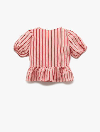 Bisiklet Yaka Fiyonklu Modal Karışımlı Çizgili Kısa Balon Kol Bluz