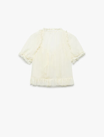 Dantel Detaylı Kısa Balon Kollu Bağlamalı Fiyonklu Crop Bluz