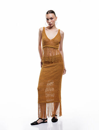 Püsküllü Beli Lastikli Astarlı Kroşe Midi Etek