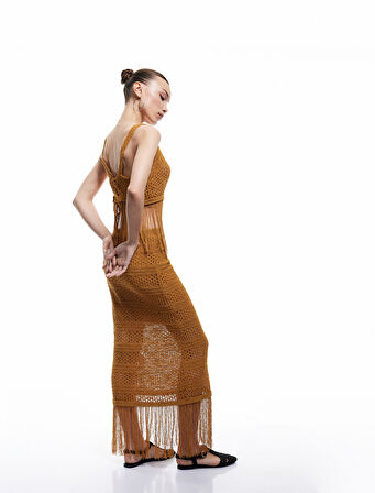 Püsküllü Beli Lastikli Astarlı Kroşe Midi Etek